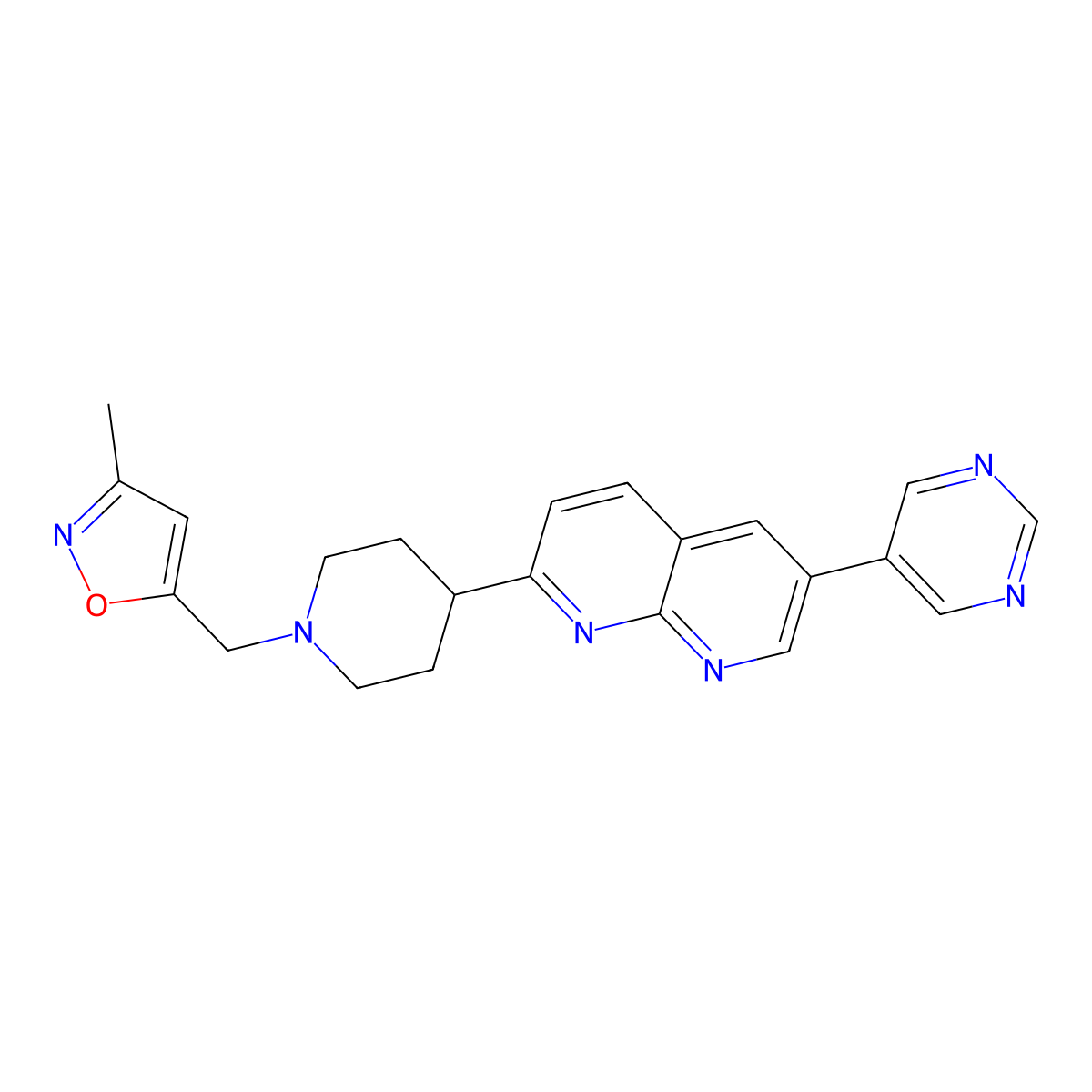 2-{1-[(3-Methyl-1,2-oxazol-5-yl)methyl]piperidin-4-yl}-6-(pyrimidin-5-yl)-1,8-naphthyridine molecular structure, CAS 2742038-58-8