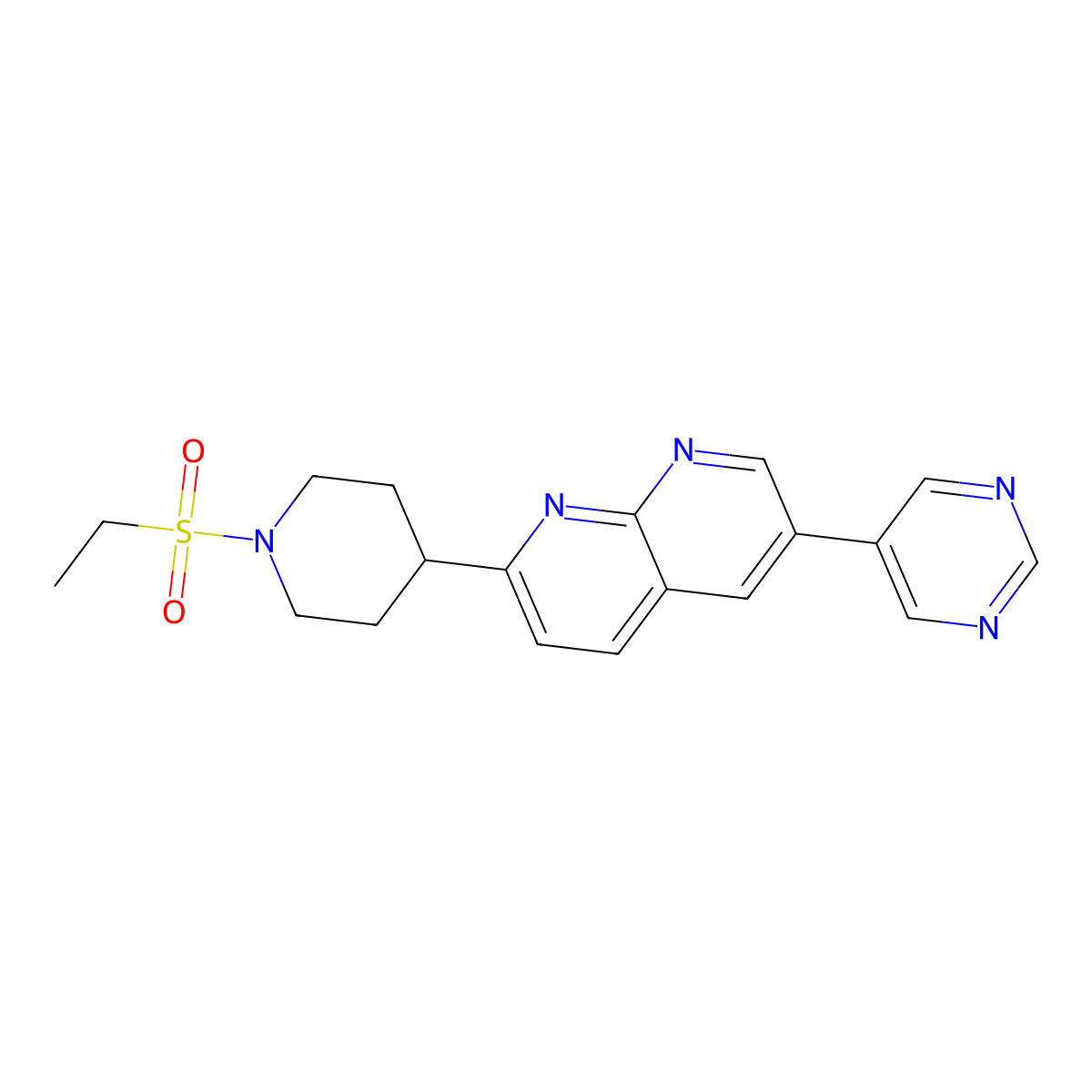 2-[1-(Ethanesulfonyl)piperidin-4-yl]-6-(pyrimidin-5-yl)-1,8-naphthyridine molecular structure, CAS 2742038-59-9