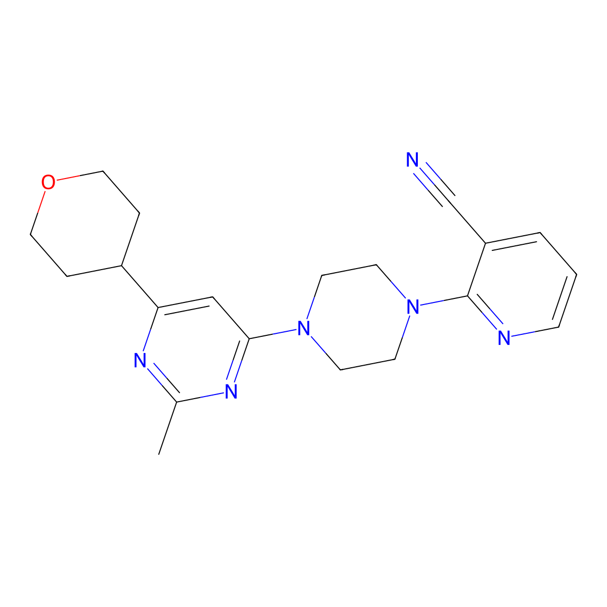 2-{4-[2-Methyl-6-(oxan-4-yl)pyrimidin-4-yl]piperazin-1-yl}pyridine-3-carbonitrile molecular structure, CAS 2742038-61-3