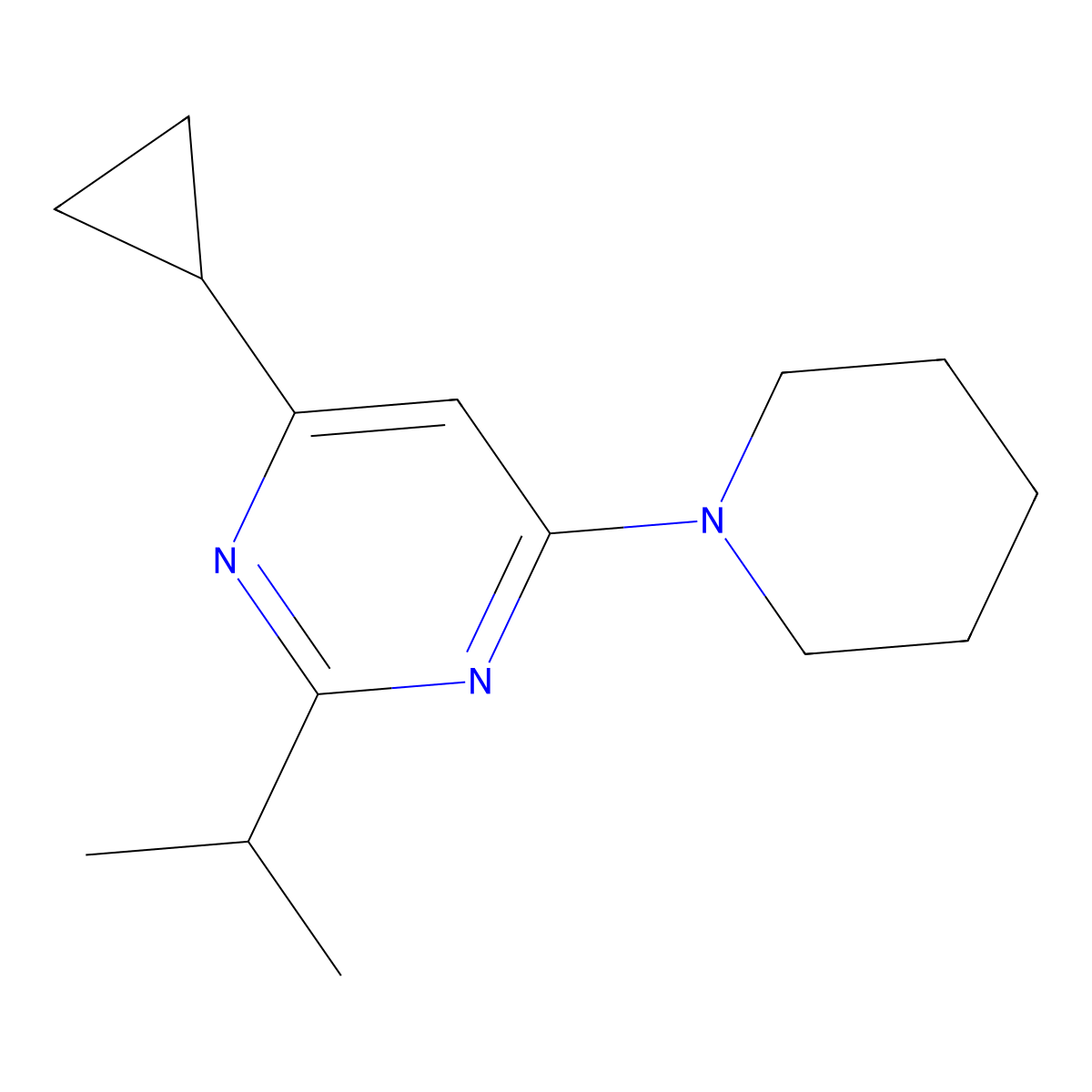 4-Cyclopropyl-6-(piperidin-1-yl)-2-(propan-2-yl)pyrimidine molecular structure, CAS 2742038-63-5