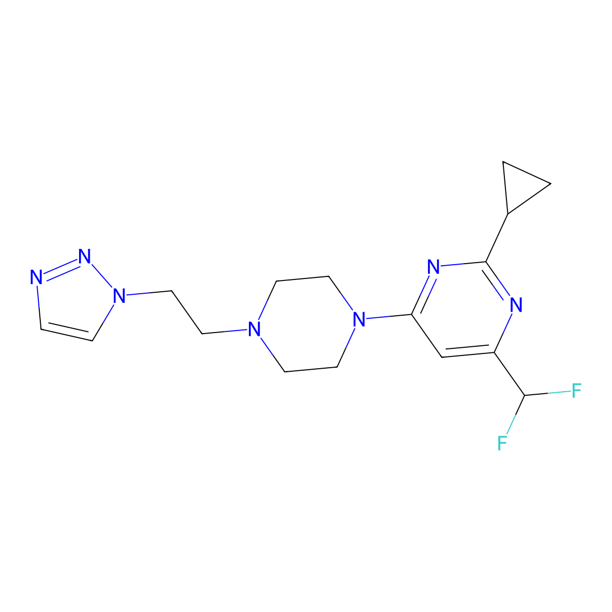 2-cyclopropyl-4-(difluoromethyl)-6-{4-[2-(1H-1,2,3-triazol-1-yl)ethyl]piperazin-1-yl}pyrimidine molecular structure, CAS 2742038-64-6