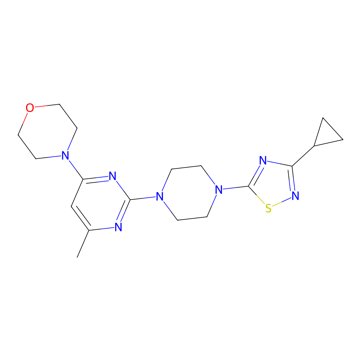 4-{2-[4-(3-Cyclopropyl-1,2,4-thiadiazol-5-yl)piperazin-1-yl]-6-methylpyrimidin-4-yl}morpholine molecular structure, CAS 2742038-66-8