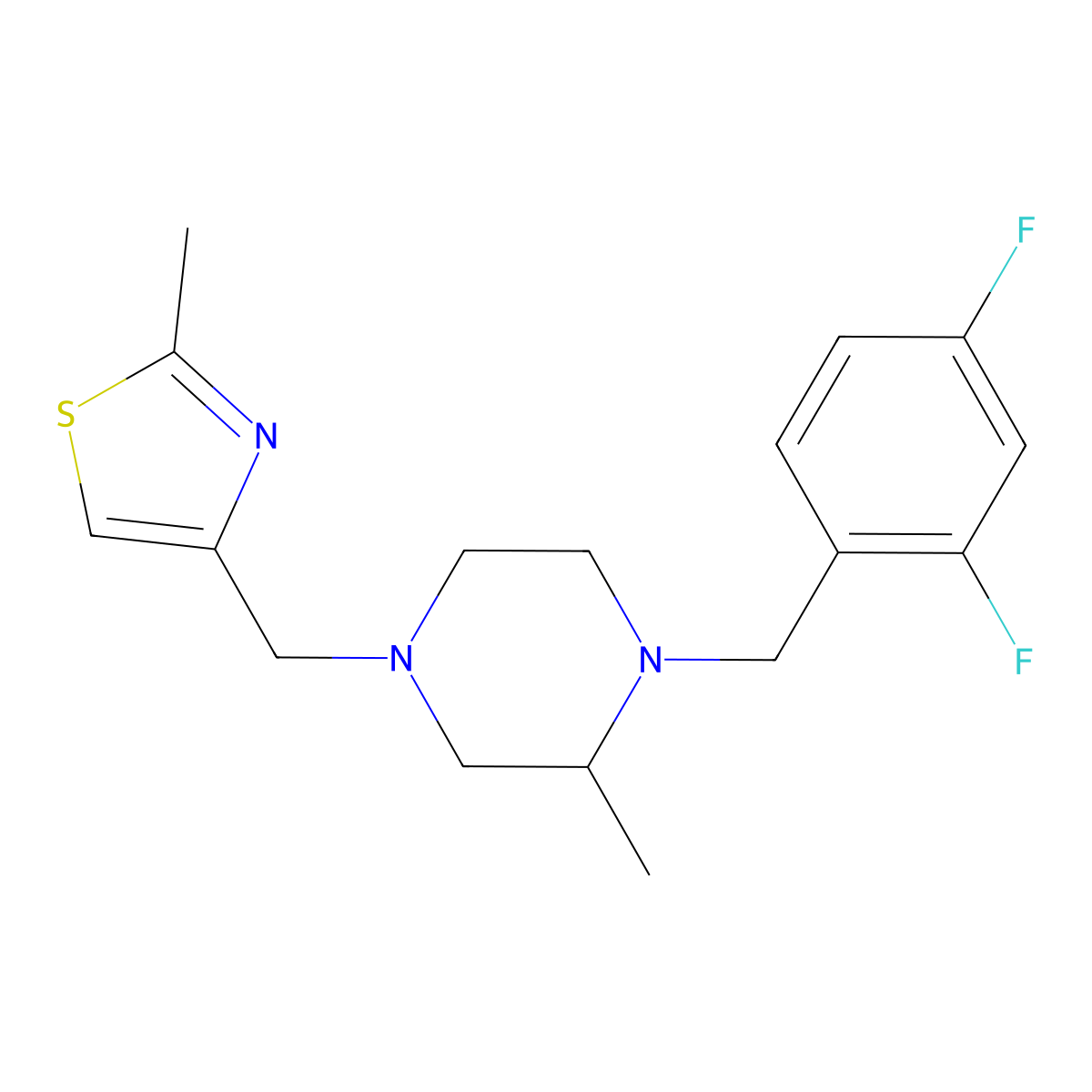 1-[(2,4-Difluorophenyl)methyl]-2-methyl-4-[(2-methyl-1,3-thiazol-4-yl)methyl]piperazine molecular structure, CAS 2742038-72-6