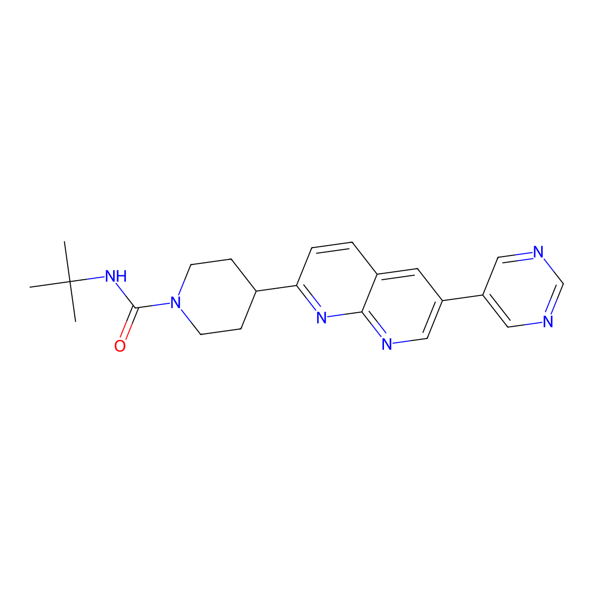 N-tert-butyl-4-[6-(pyrimidin-5-yl)-1,8-naphthyridin-2-yl]piperidine-1-carboxamide molecular structure, CAS 2742038-75-9