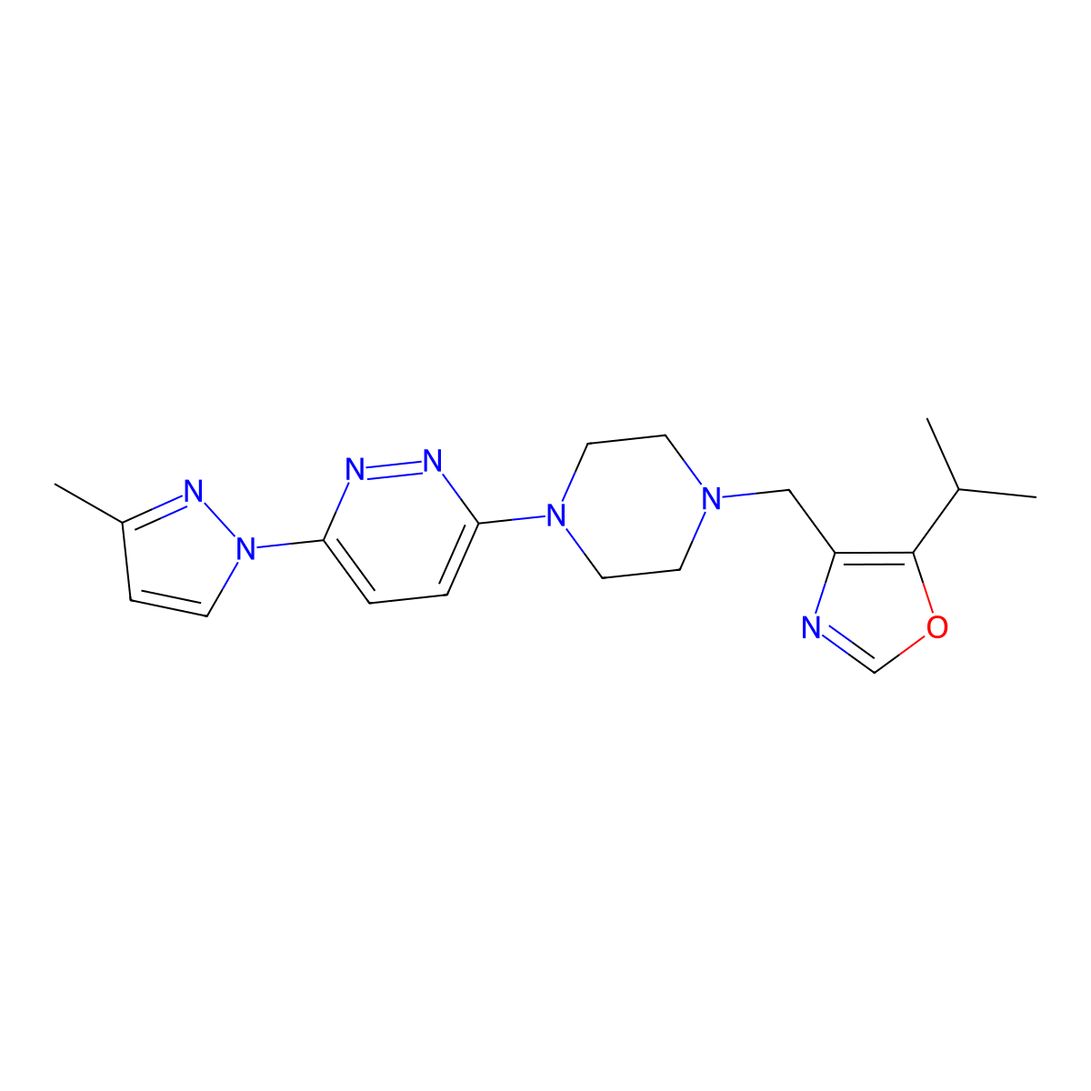 3-(3-methyl-1H-pyrazol-1-yl)-6-(4-{[5-(propan-2-yl)-1,3-oxazol-4-yl]methyl}piperazin-1-yl)pyridazine molecular structure, CAS 2742038-80-6
