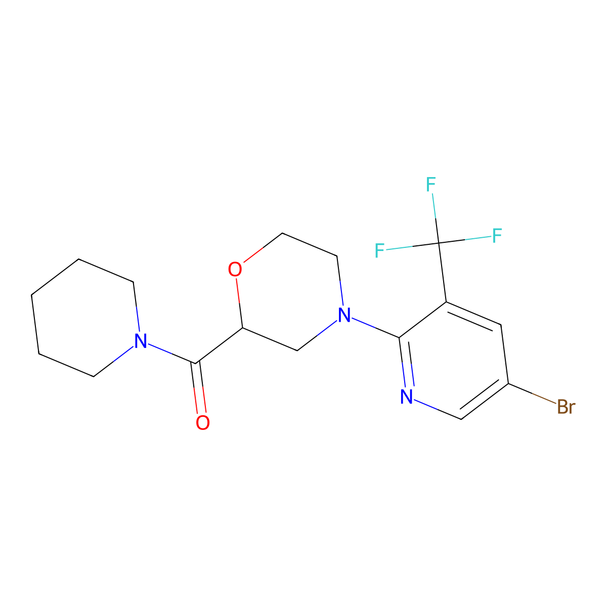 4-[5-Bromo-3-(trifluoromethyl)pyridin-2-yl]-2-(piperidine-1-carbonyl)morpholine molecular structure, CAS 2742038-82-8