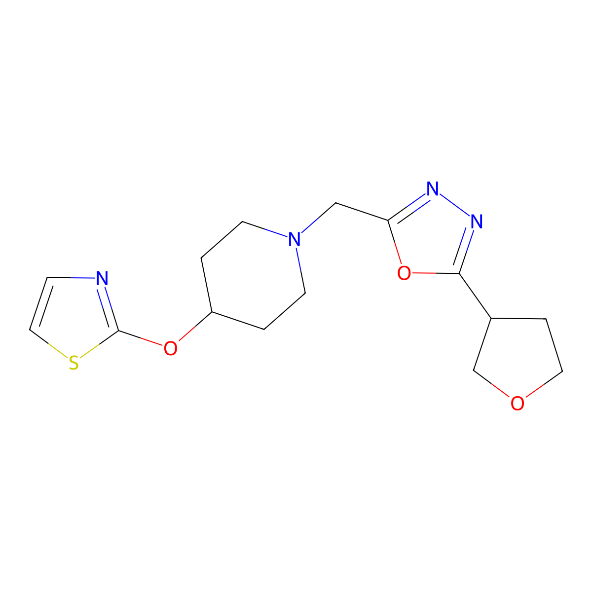 1-{[5-(Oxolan-3-yl)-1,3,4-oxadiazol-2-yl]methyl}-4-(1,3-thiazol-2-yloxy)piperidine molecular structure, CAS 2742038-87-3