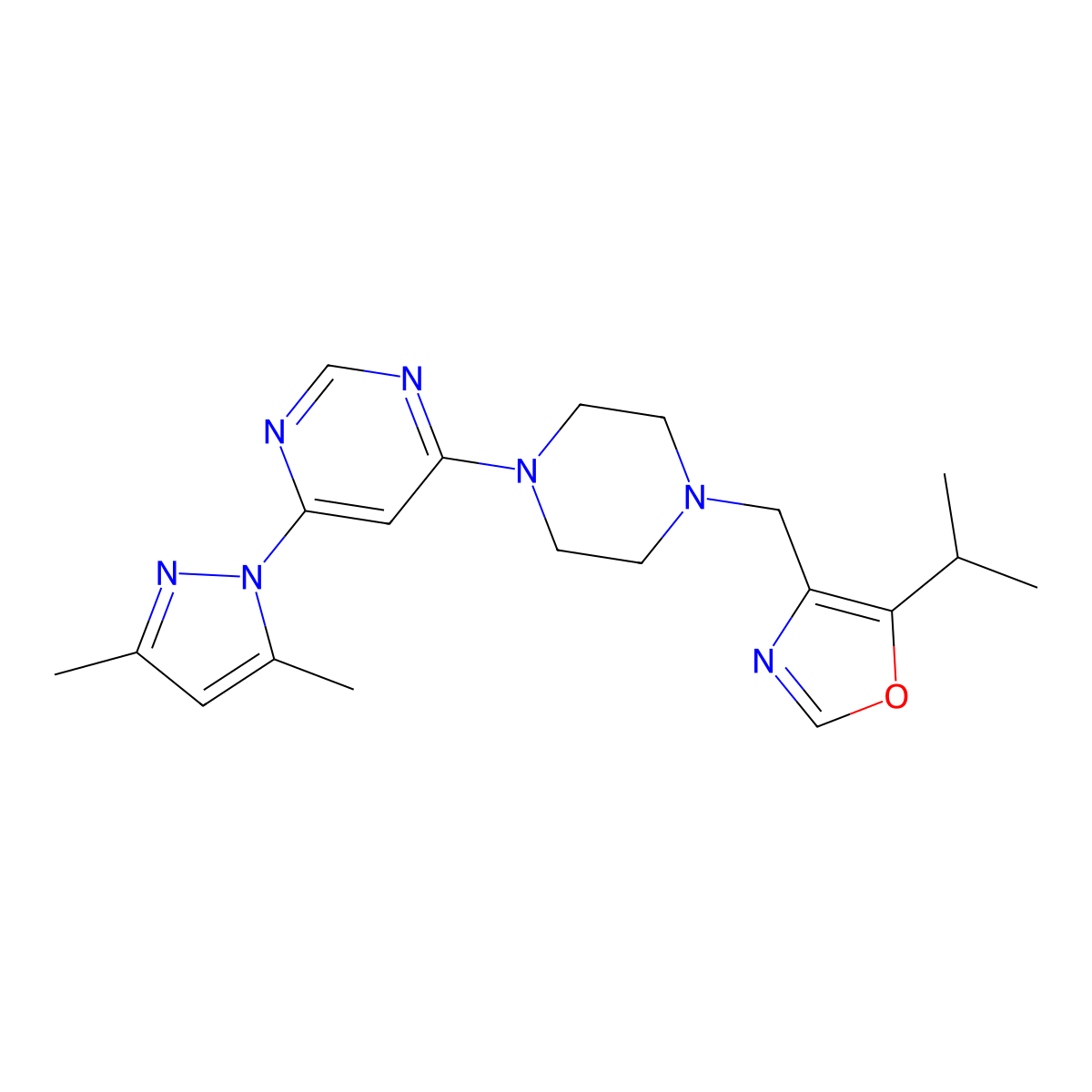 4-(3,5-dimethyl-1H-pyrazol-1-yl)-6-(4-{[5-(propan-2-yl)-1,3-oxazol-4-yl]methyl}piperazin-1-yl)pyrimidine molecular structure, CAS 2742039-02-5