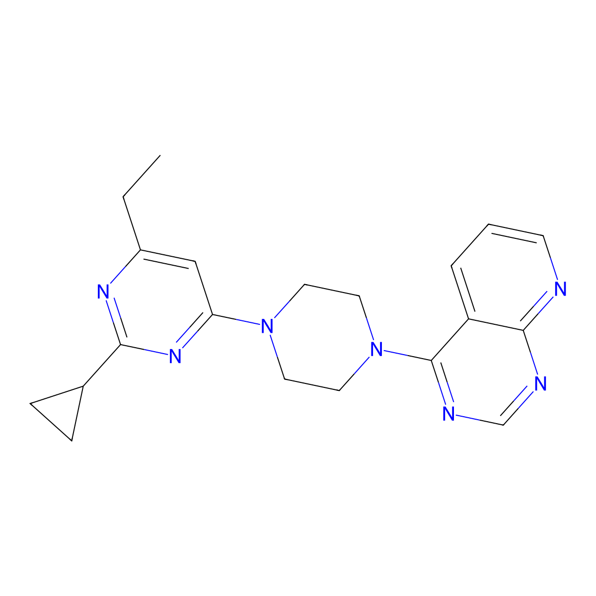 2-Cyclopropyl-4-ethyl-6-(4-{pyrido[2,3-d]pyrimidin-4-yl}piperazin-1-yl)pyrimidine molecular structure, CAS 2742039-11-6