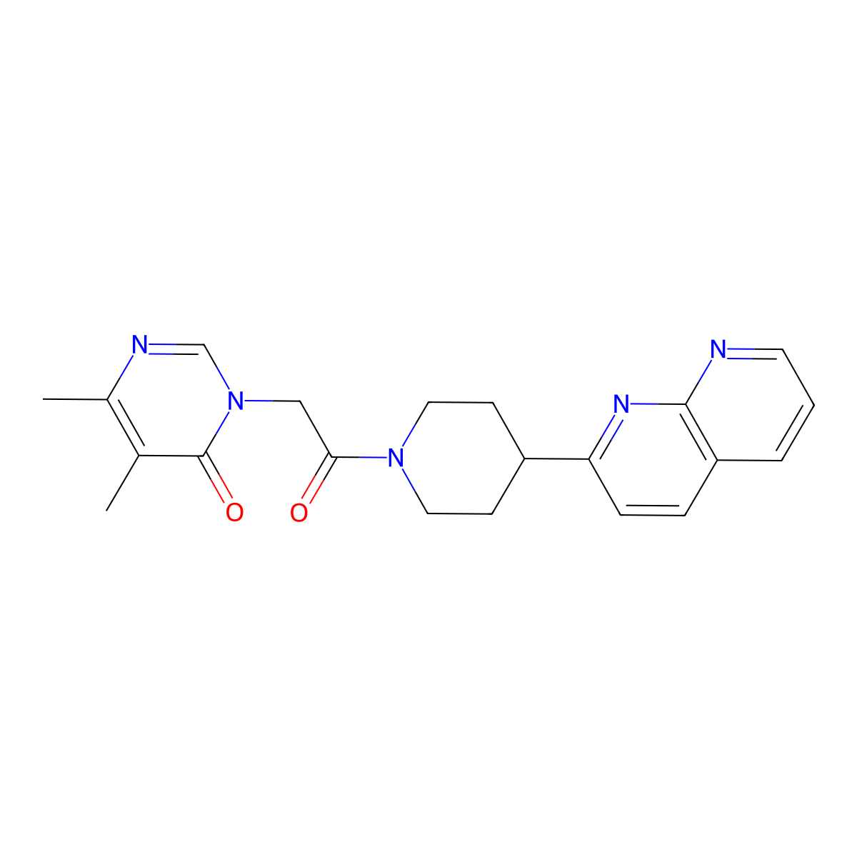 5,6-Dimethyl-3-{2-[4-(1,8-naphthyridin-2-yl)piperidin-1-yl]-2-oxoethyl}-3,4-dihydropyrimidin-4-one molecular structure, CAS 2742039-30-9