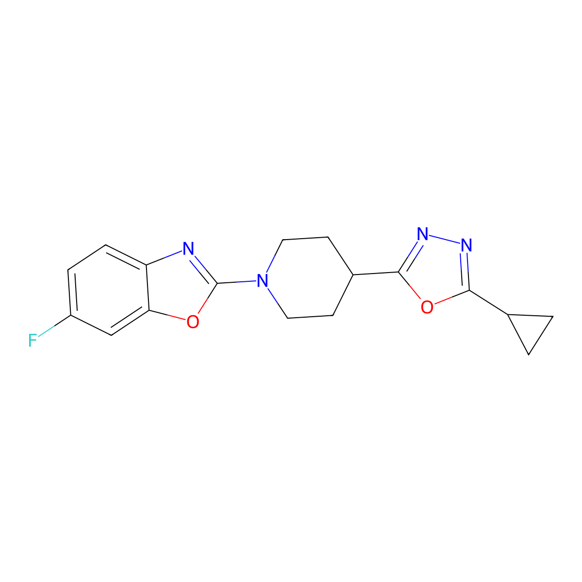 2-[4-(5-Cyclopropyl-1,3,4-oxadiazol-2-yl)piperidin-1-yl]-6-fluoro-1,3-benzoxazole molecular structure, CAS 2742039-37-6