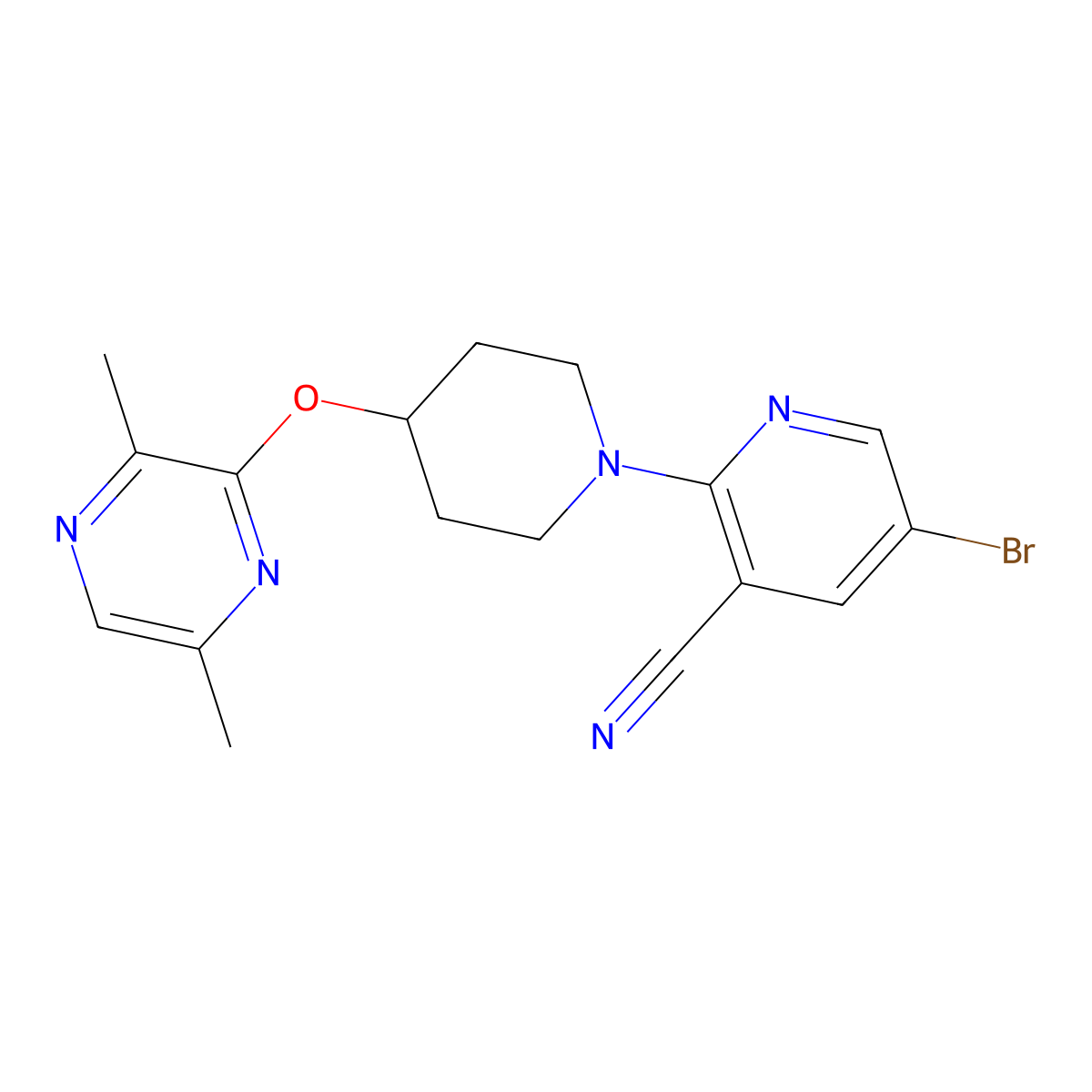 5-Bromo-2-{4-[(3,6-dimethylpyrazin-2-yl)oxy]piperidin-1-yl}pyridine-3-carbonitrile molecular structure, CAS 2742039-47-8