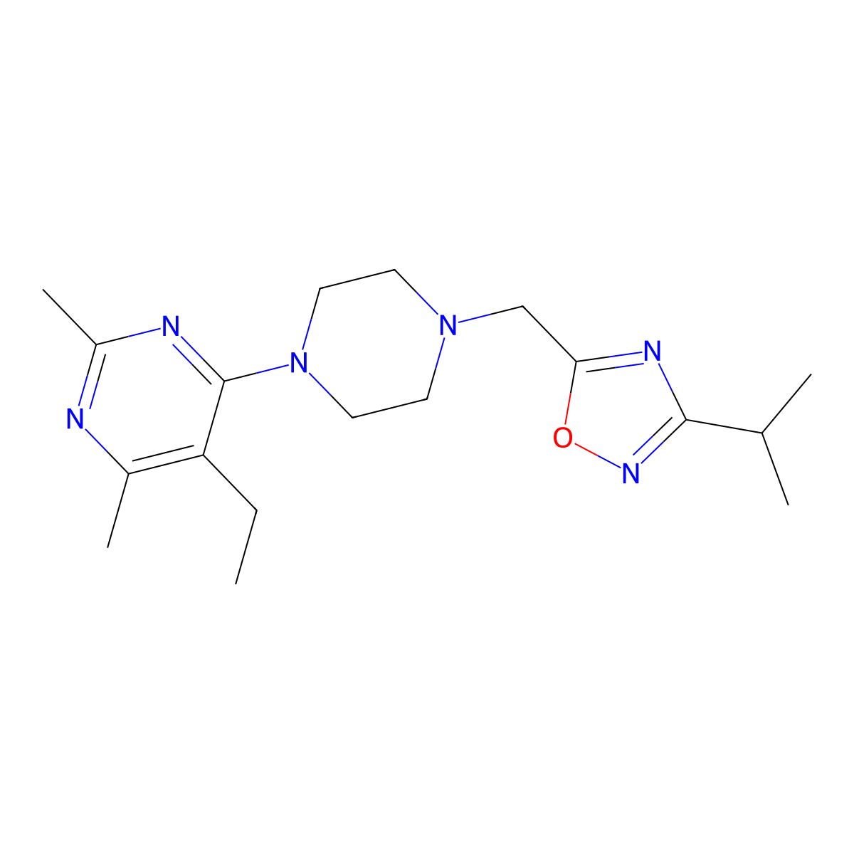 5-Ethyl-2,4-dimethyl-6-(4-{[3-(propan-2-yl)-1,2,4-oxadiazol-5-yl]methyl}piperazin-1-yl)pyrimidine molecular structure, CAS 2742039-52-5