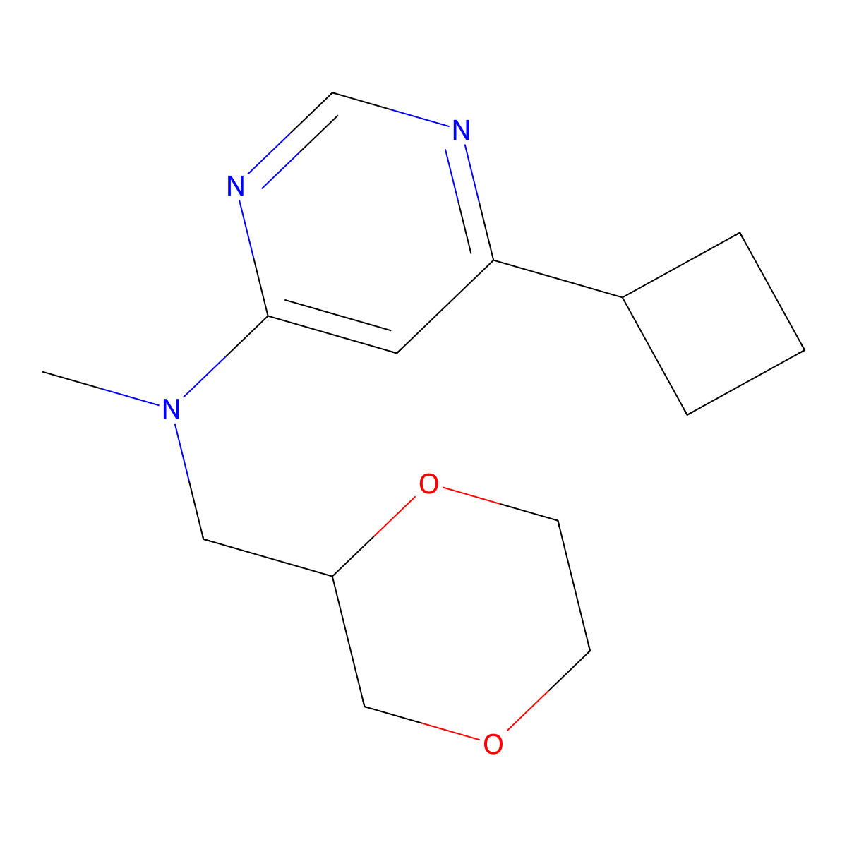 6-cyclobutyl-N-[(1,4-dioxan-2-yl)methyl]-N-methylpyrimidin-4-amine molecular structure, CAS 2742039-58-1