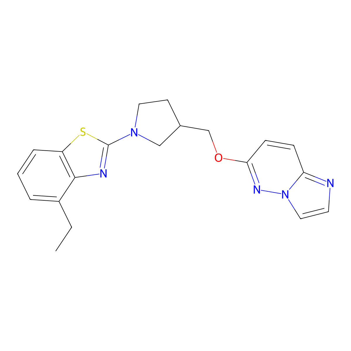 4-Ethyl-2-[3-({imidazo[1,2-b]pyridazin-6-yloxy}methyl)pyrrolidin-1-yl]-1,3-benzothiazole molecular structure, CAS 2742039-66-1