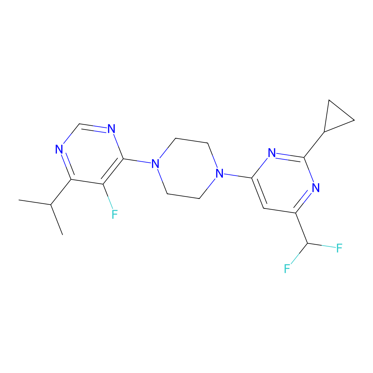 2-Cyclopropyl-4-(difluoromethyl)-6-{4-[5-fluoro-6-(propan-2-yl)pyrimidin-4-yl]piperazin-1-yl}pyrimidine molecular structure, CAS 2742039-73-0