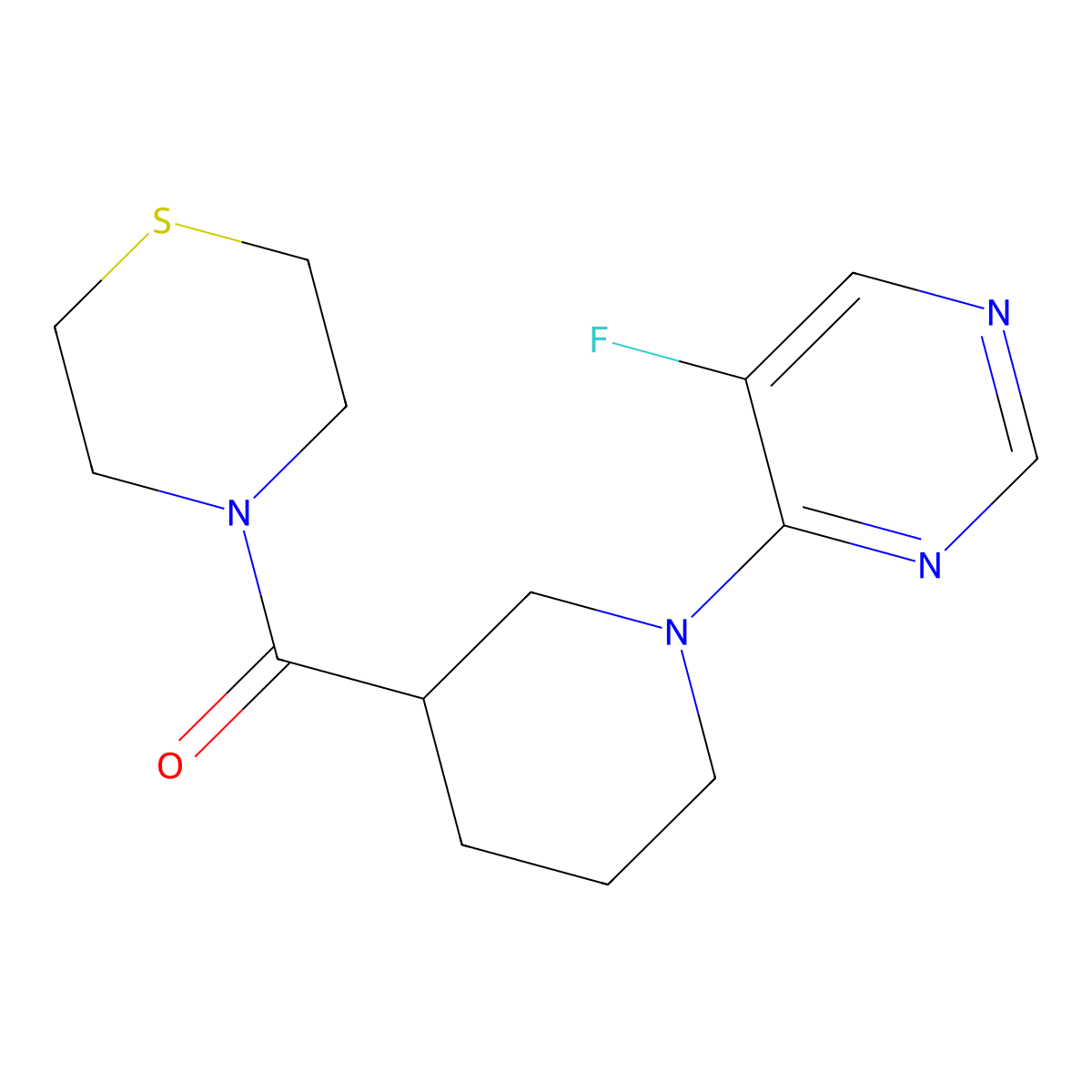 4-[1-(5-Fluoropyrimidin-4-yl)piperidine-3-carbonyl]thiomorpholine molecular structure, CAS 2742039-74-1