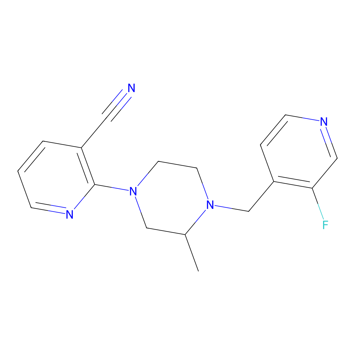 2-{4-[(3-Fluoropyridin-4-yl)methyl]-3-methylpiperazin-1-yl}pyridine-3-carbonitrile molecular structure, CAS 2742039-89-8