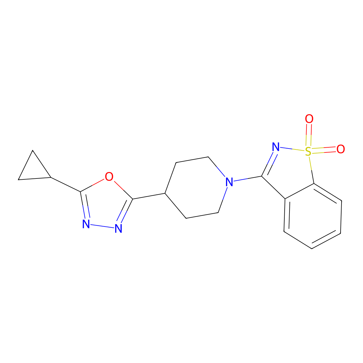 3-[4-(5-Cyclopropyl-1,3,4-oxadiazol-2-yl)piperidin-1-yl]-1,2-benzothiazole 1,1-dioxide molecular structure, CAS 2742040-07-7