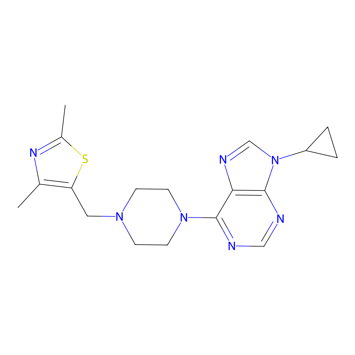 9-cyclopropyl-6-{4-[(2,4-dimethyl-1,3-thiazol-5-yl)methyl]piperazin-1-yl}-9H-purine molecular structure, CAS 2742040-11-3