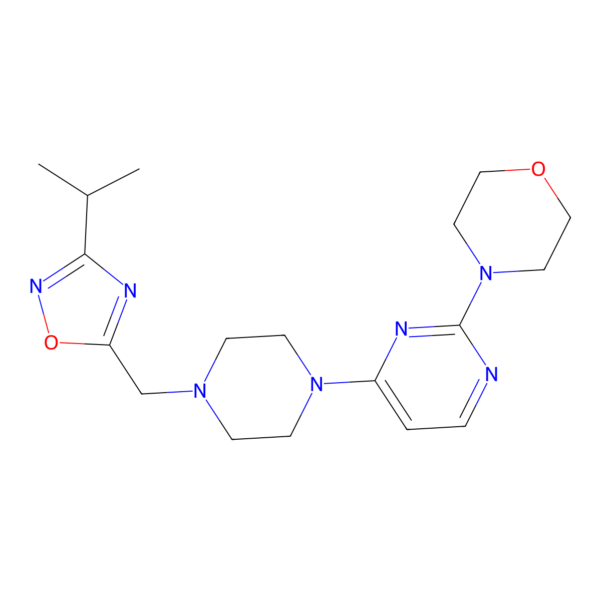 4-[4-(4-{[3-(Propan-2-yl)-1,2,4-oxadiazol-5-yl]methyl}piperazin-1-yl)pyrimidin-2-yl]morpholine molecular structure, CAS 2742040-26-0
