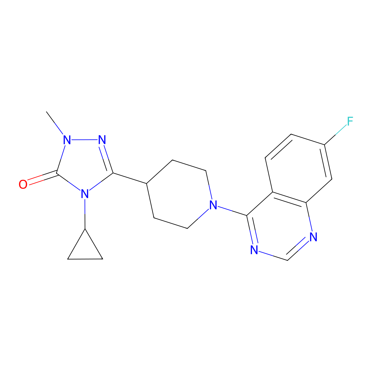 4-cyclopropyl-3-[1-(7-fluoroquinazolin-4-yl)piperidin-4-yl]-1-methyl-4,5-dihydro-1H-1,2,4-triazol-5-one molecular structure, CAS 2742040-32-8