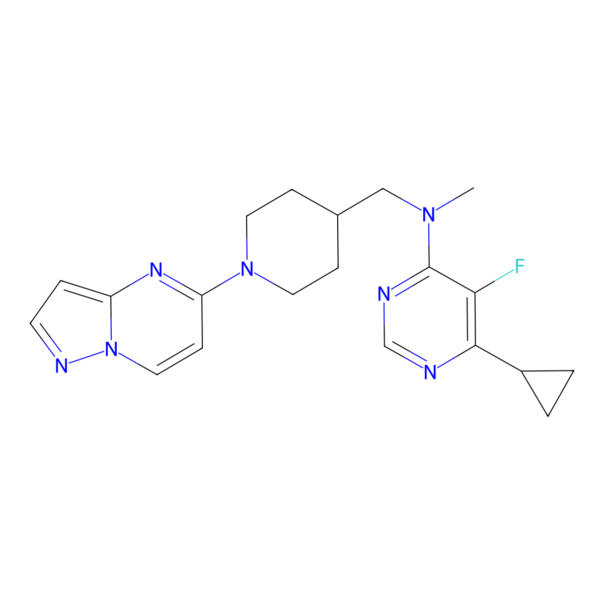 6-cyclopropyl-5-fluoro-N-methyl-N-[(1-{pyrazolo[1,5-a]pyrimidin-5-yl}piperidin-4-yl)methyl]pyrimidin-4-amine molecular structure, CAS 2742040-35-1