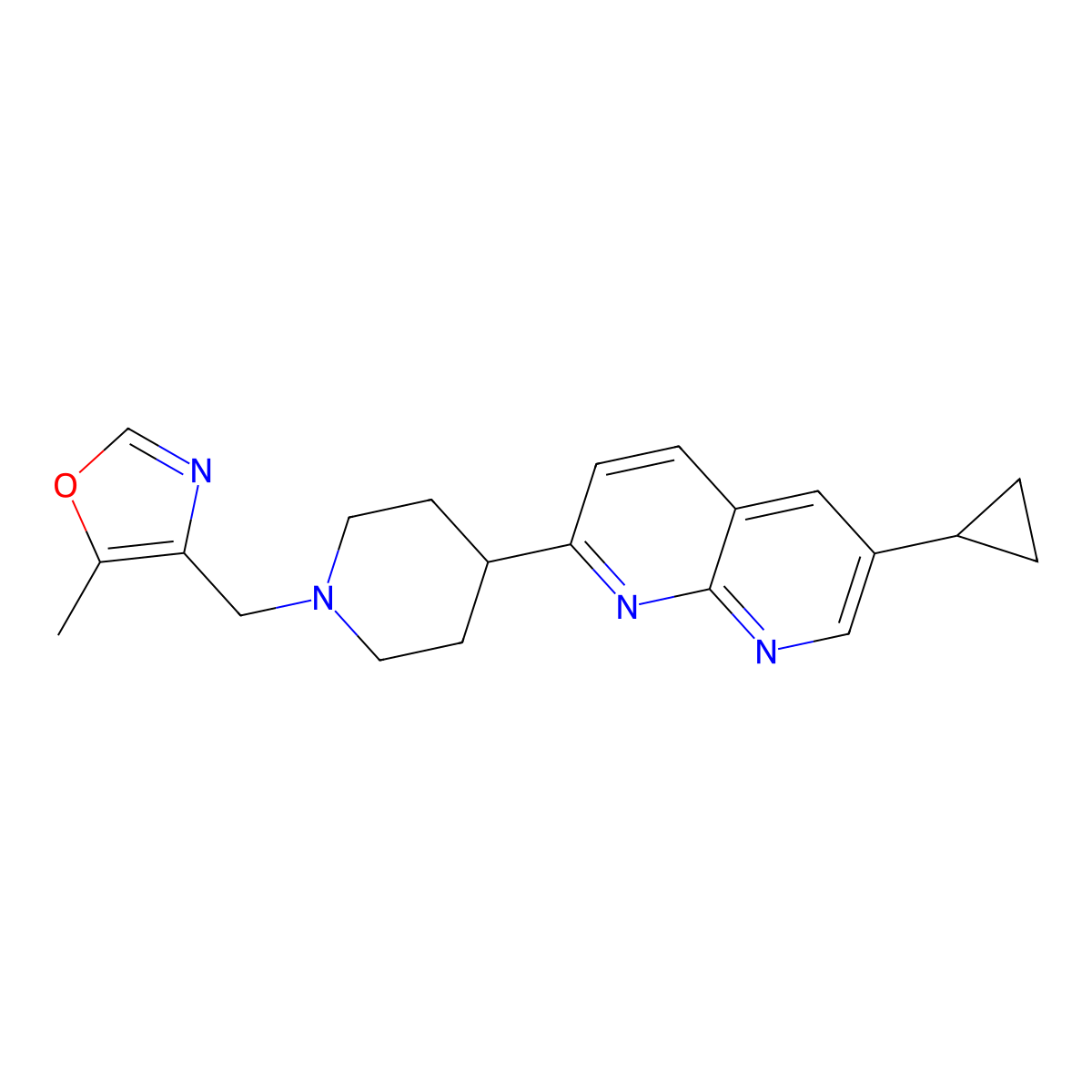 6-Cyclopropyl-2-{1-[(5-methyl-1,3-oxazol-4-yl)methyl]piperidin-4-yl}-1,8-naphthyridine molecular structure, CAS 2742040-36-2
