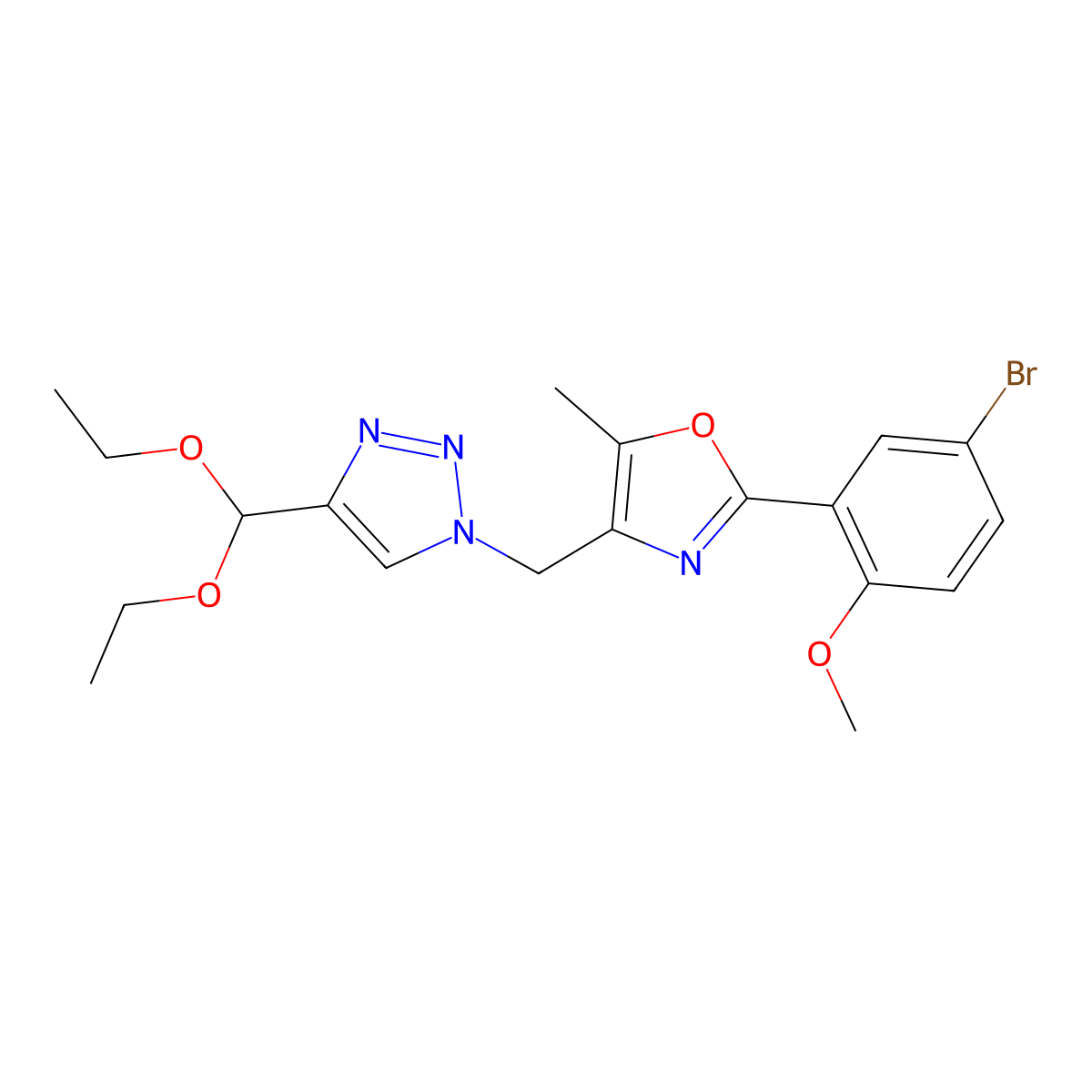 1-{[2-(5-bromo-2-methoxyphenyl)-5-methyl-1,3-oxazol-4-yl]methyl}-4-(diethoxymethyl)-1H-1,2,3-triazole molecular structure, CAS 2742040-45-3