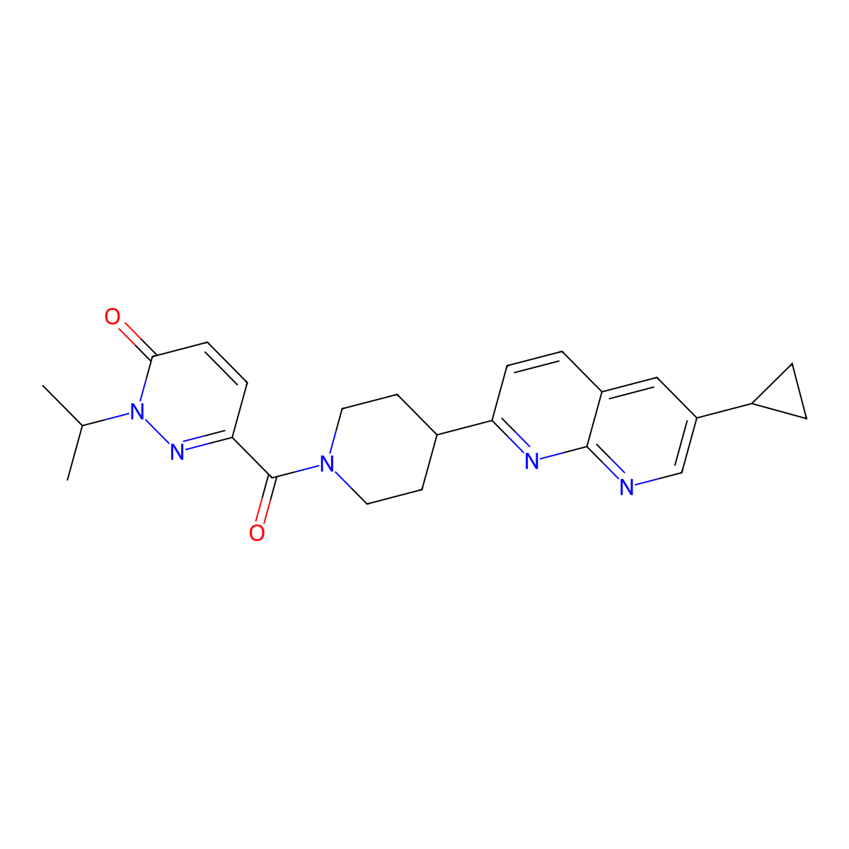 6-[4-(6-Cyclopropyl-1,8-naphthyridin-2-yl)piperidine-1-carbonyl]-2-(propan-2-yl)-2,3-dihydropyridazin-3-one molecular structure, CAS 2742040-49-7