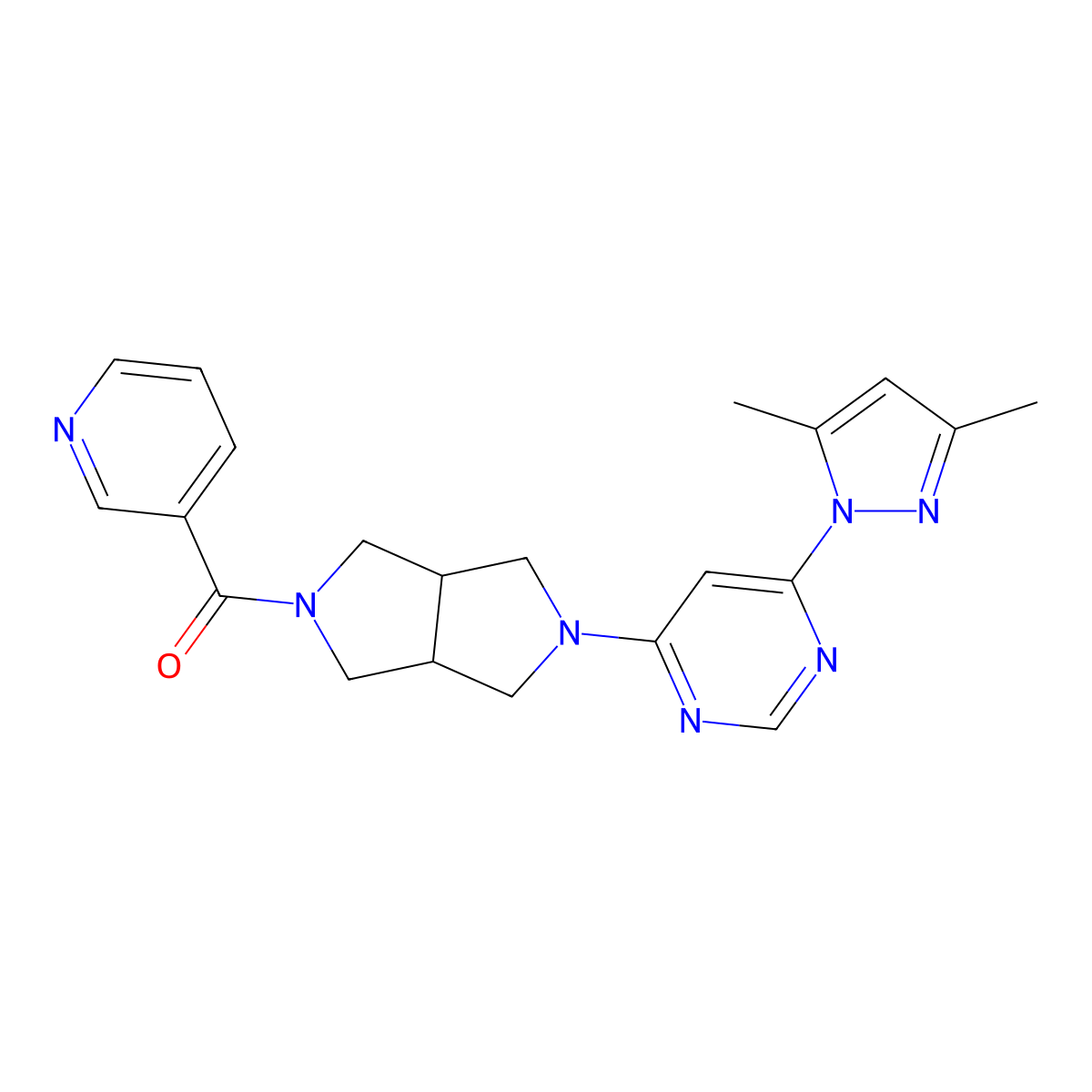 4-(3,5-dimethyl-1H-pyrazol-1-yl)-6-[5-(pyridine-3-carbonyl)-octahydropyrrolo[3,4-c]pyrrol-2-yl]pyrimidine molecular structure, CAS 2742040-52-2