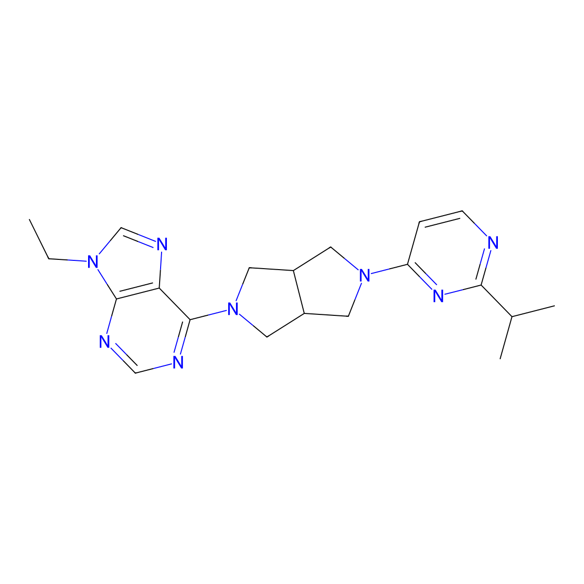 9-ethyl-6-{5-[2-(propan-2-yl)pyrimidin-4-yl]-octahydropyrrolo[3,4-c]pyrrol-2-yl}-9H-purine molecular structure, CAS 2742040-58-8