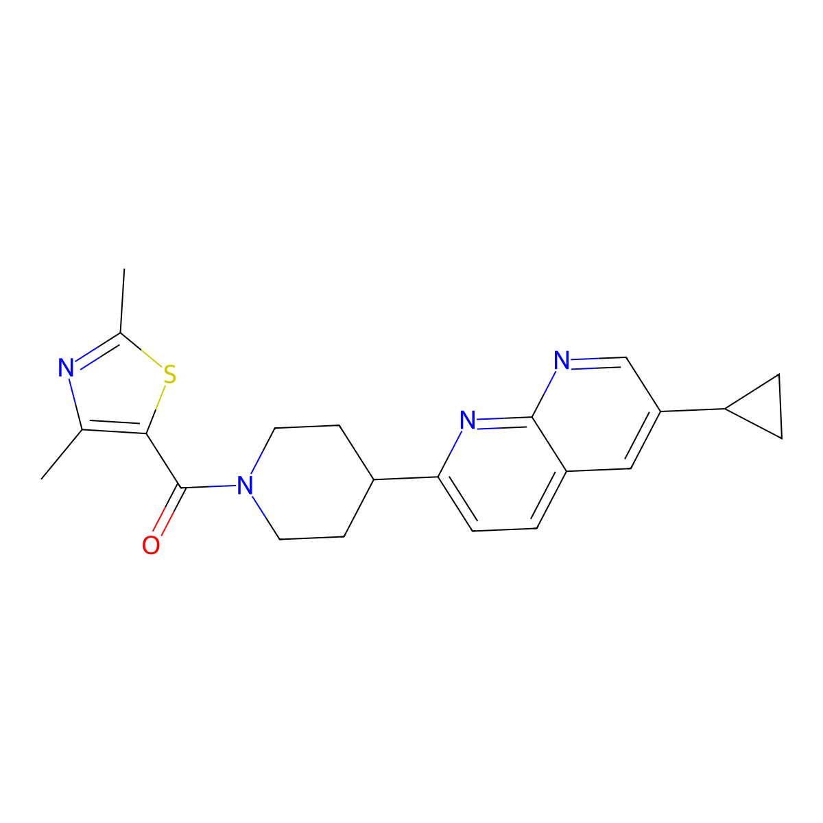 6-Cyclopropyl-2-[1-(2,4-dimethyl-1,3-thiazole-5-carbonyl)piperidin-4-yl]-1,8-naphthyridine molecular structure, CAS 2742040-59-9