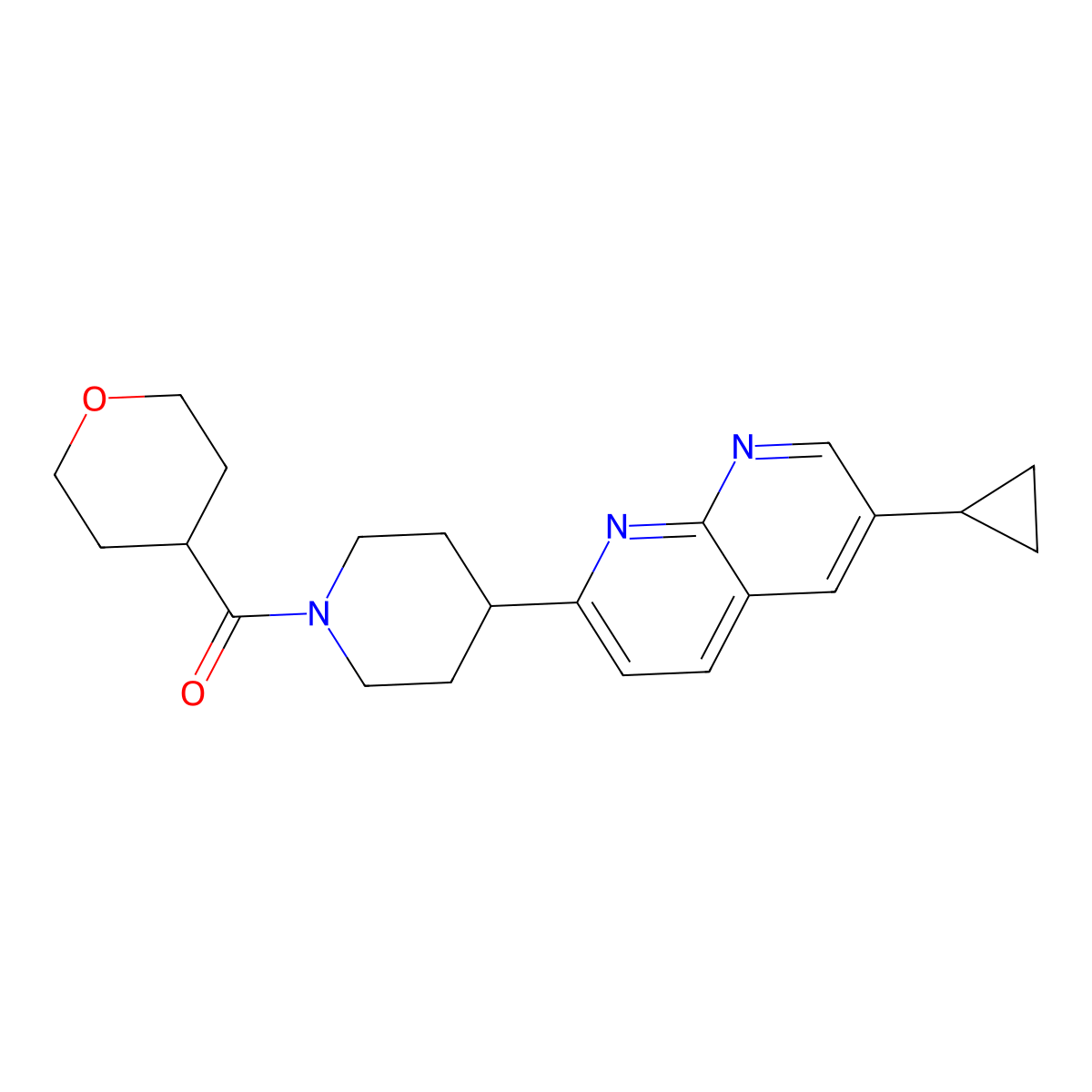 6-Cyclopropyl-2-[1-(oxane-4-carbonyl)piperidin-4-yl]-1,8-naphthyridine molecular structure, CAS 2742040-63-5