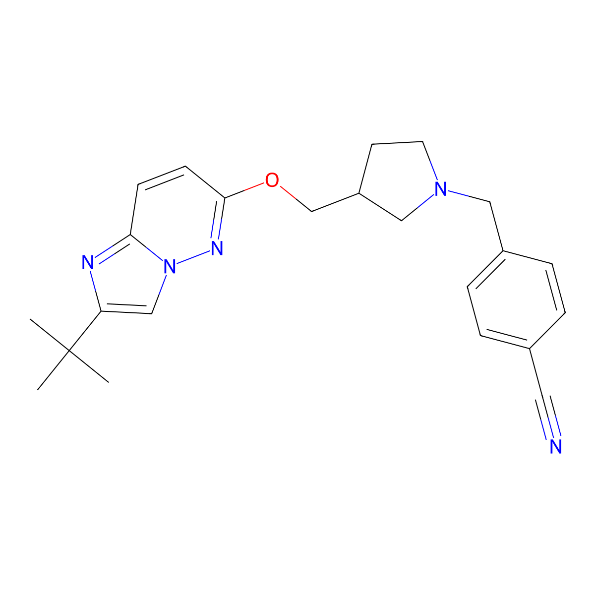 4-({3-[({2-Tert-butylimidazo[1,2-b]pyridazin-6-yl}oxy)methyl]pyrrolidin-1-yl}methyl)benzonitrile molecular structure, CAS 2742040-64-6