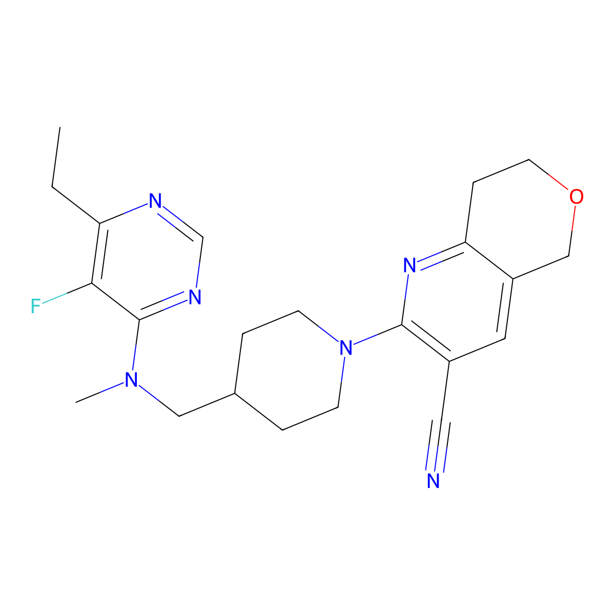 2-(4-{[(6-ethyl-5-fluoropyrimidin-4-yl)(methyl)amino]methyl}piperidin-1-yl)-5H,7H,8H-pyrano[4,3-b]pyridine-3-carbonitrile molecular structure, CAS 2742040-67-9