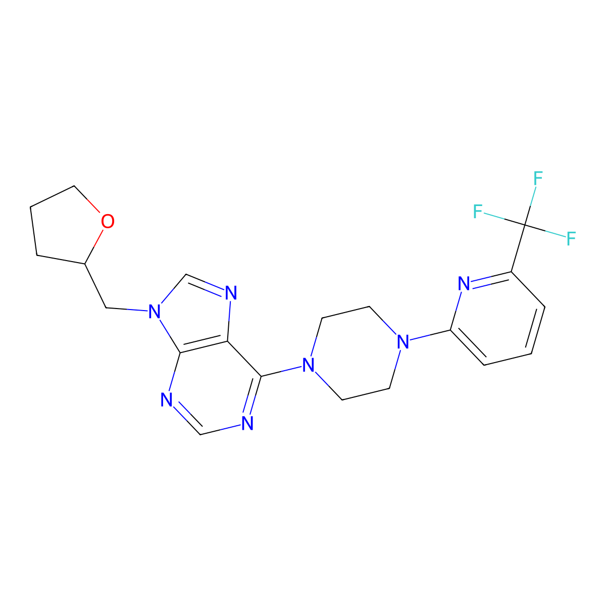 9-[(oxolan-2-yl)methyl]-6-{4-[6-(trifluoromethyl)pyridin-2-yl]piperazin-1-yl}-9H-purine molecular structure, CAS 2742040-73-7