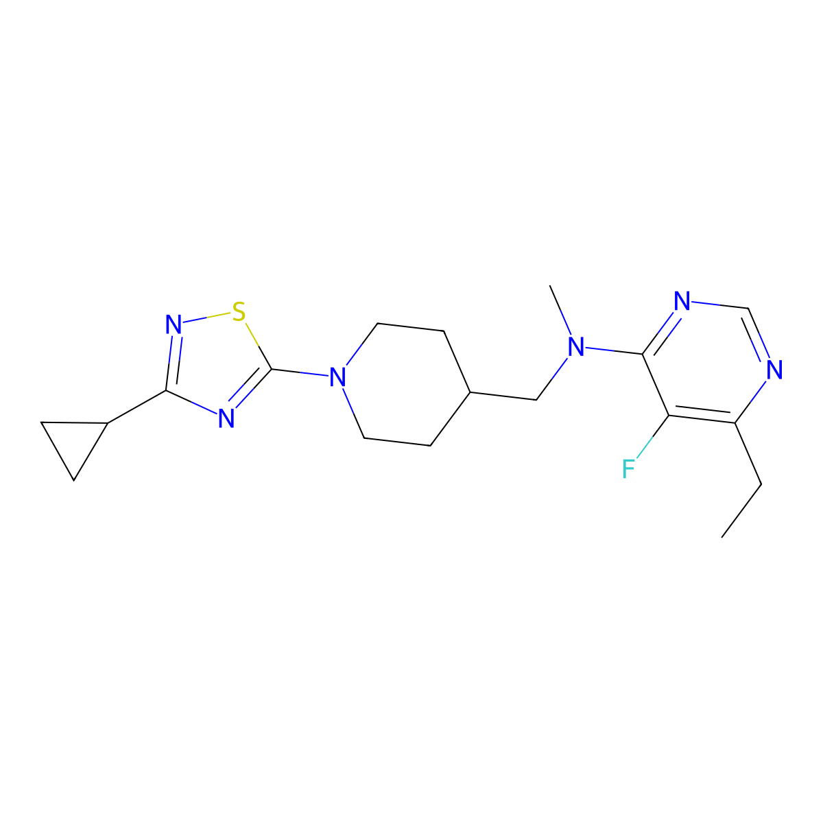 N-{[1-(3-cyclopropyl-1,2,4-thiadiazol-5-yl)piperidin-4-yl]methyl}-6-ethyl-5-fluoro-N-methylpyrimidin-4-amine molecular structure, CAS 2742040-74-8