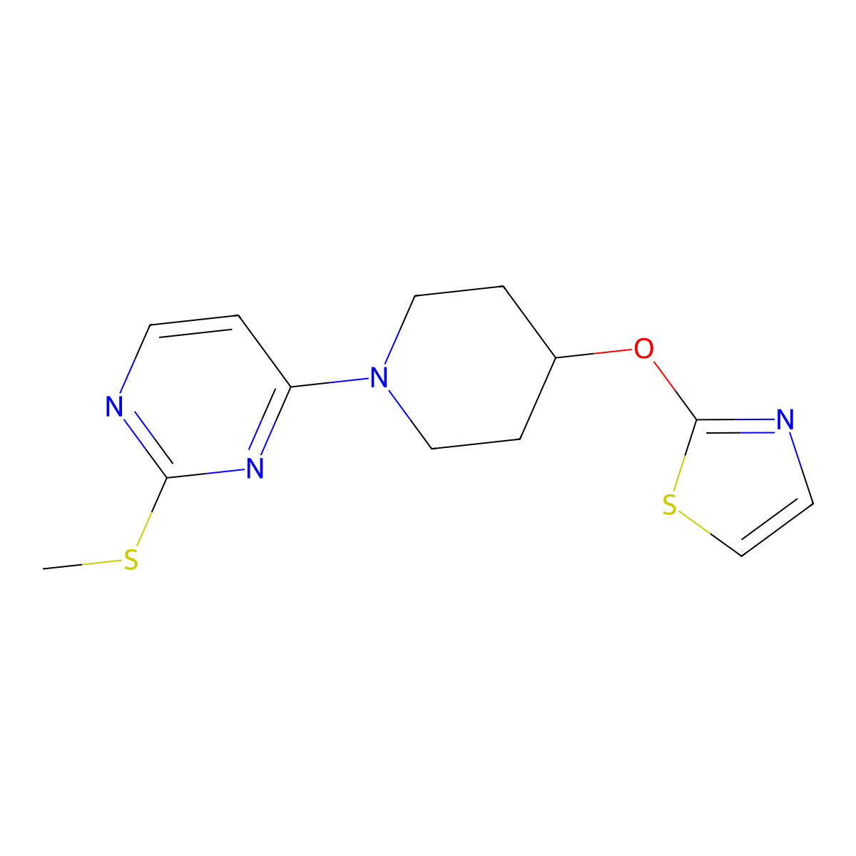 2-(Methylsulfanyl)-4-[4-(1,3-thiazol-2-yloxy)piperidin-1-yl]pyrimidine molecular structure, CAS 2742040-79-3
