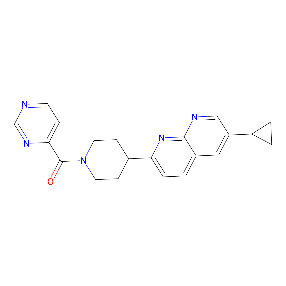 6-Cyclopropyl-2-[1-(pyrimidine-4-carbonyl)piperidin-4-yl]-1,8-naphthyridine molecular structure, CAS 2742040-84-0
