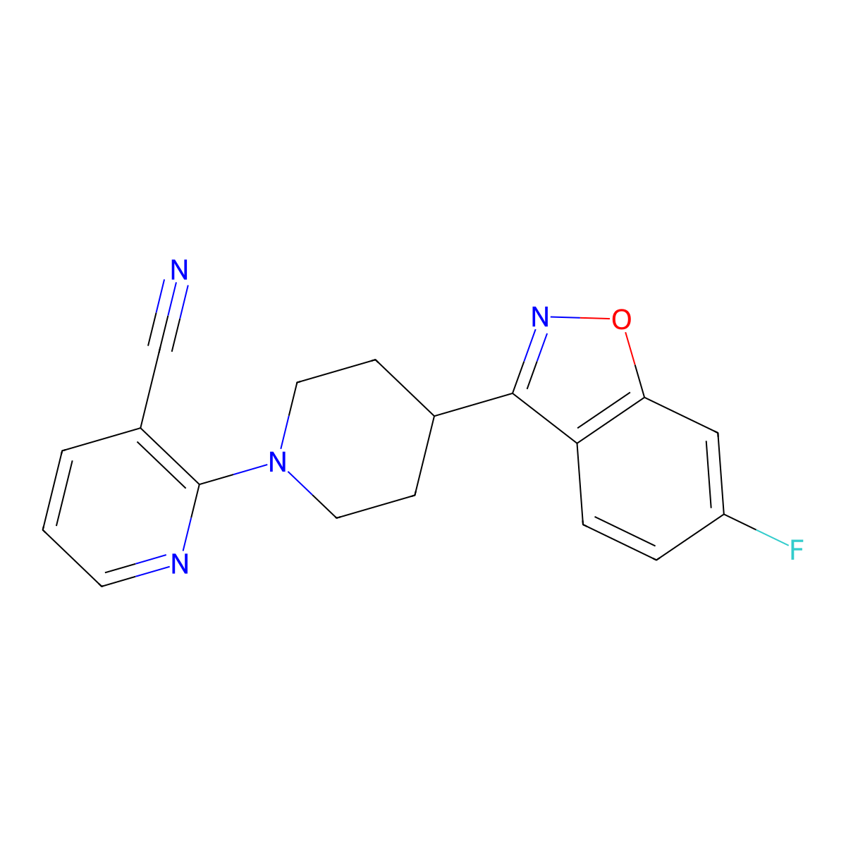 2-[4-(6-Fluoro-1,2-benzoxazol-3-yl)piperidin-1-yl]pyridine-3-carbonitrile molecular structure, CAS 2742040-89-5