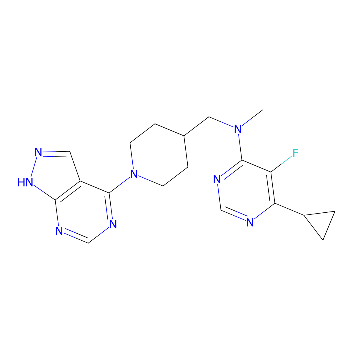 6-cyclopropyl-5-fluoro-N-methyl-N-[(1-{1H-pyrazolo[3,4-d]pyrimidin-4-yl}piperidin-4-yl)methyl]pyrimidin-4-amine molecular structure, CAS 2742041-04-7