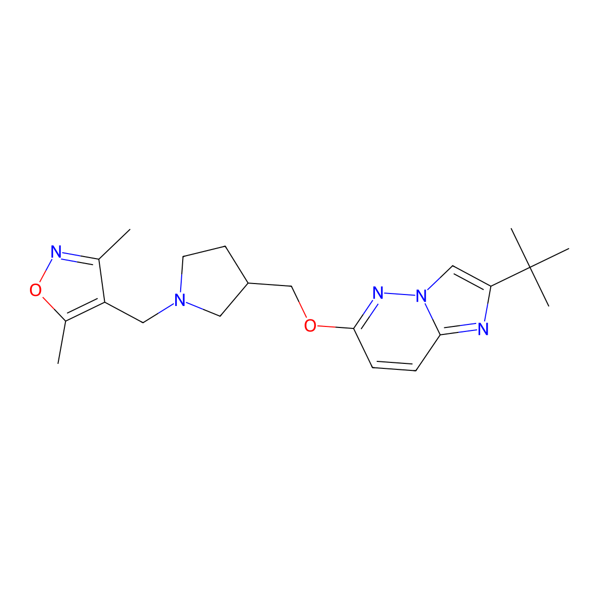 4-({3-[({2-Tert-butylimidazo[1,2-b]pyridazin-6-yl}oxy)methyl]pyrrolidin-1-yl}methyl)-3,5-dimethyl-1,2-oxazole molecular structure, CAS 2742041-07-0