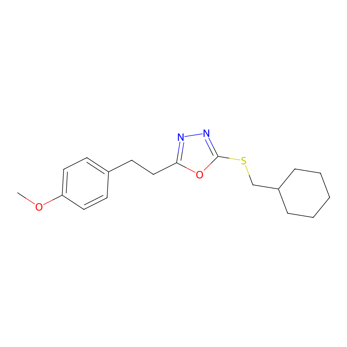 2-[(Cyclohexylmethyl)sulfanyl]-5-[2-(4-methoxyphenyl)ethyl]-1,3,4-oxadiazole molecular structure, CAS 2742041-10-5