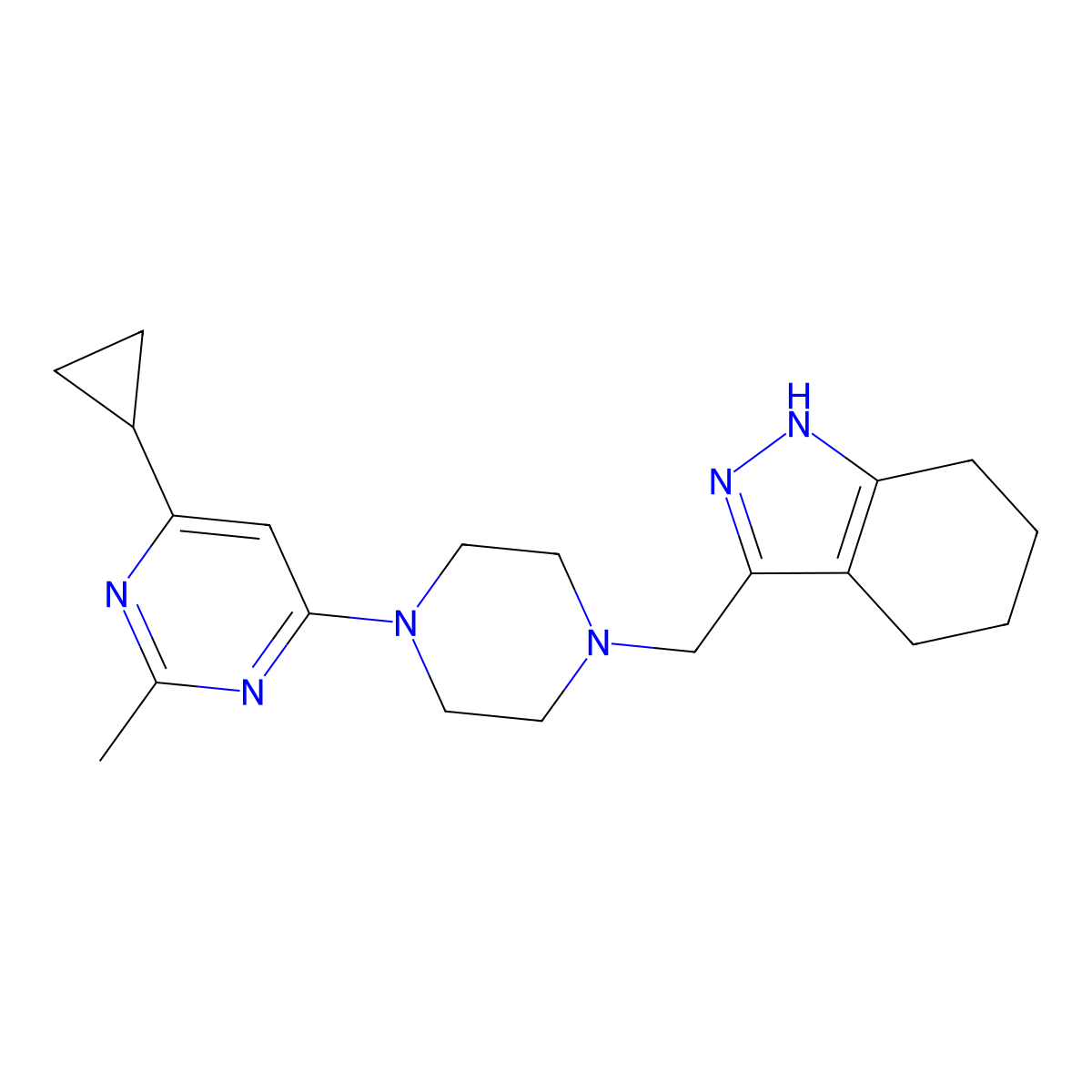 3-{[4-(6-cyclopropyl-2-methylpyrimidin-4-yl)piperazin-1-yl]methyl}-4,5,6,7-tetrahydro-1H-indazole molecular structure, CAS 2742041-17-2
