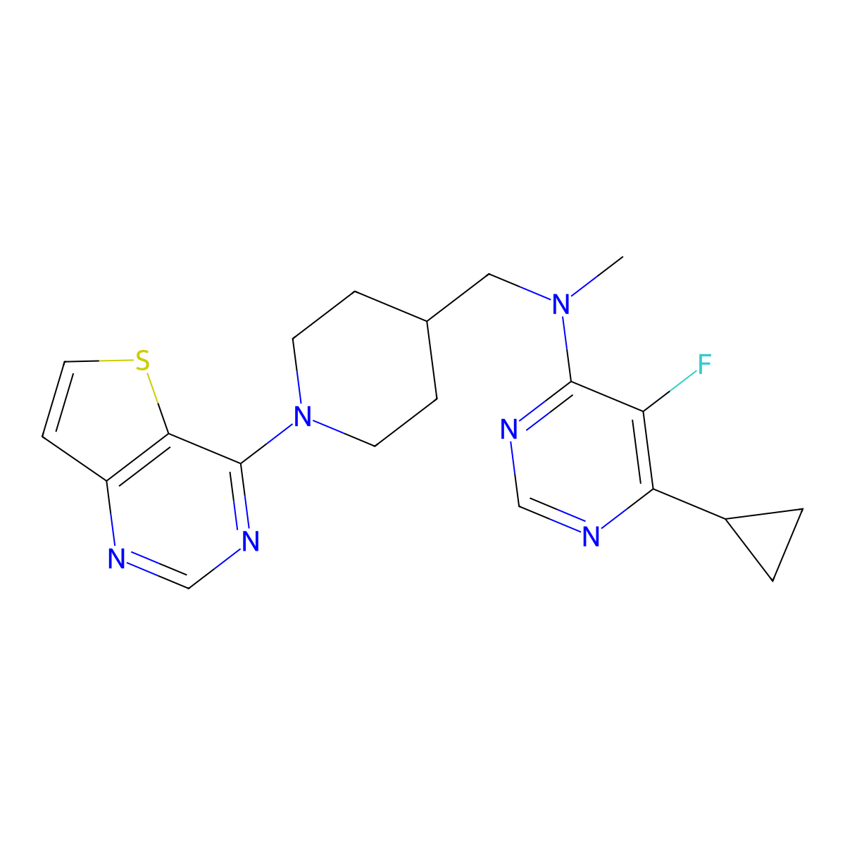 6-cyclopropyl-5-fluoro-N-methyl-N-[(1-{thieno[3,2-d]pyrimidin-4-yl}piperidin-4-yl)methyl]pyrimidin-4-amine molecular structure, CAS 2742041-19-4