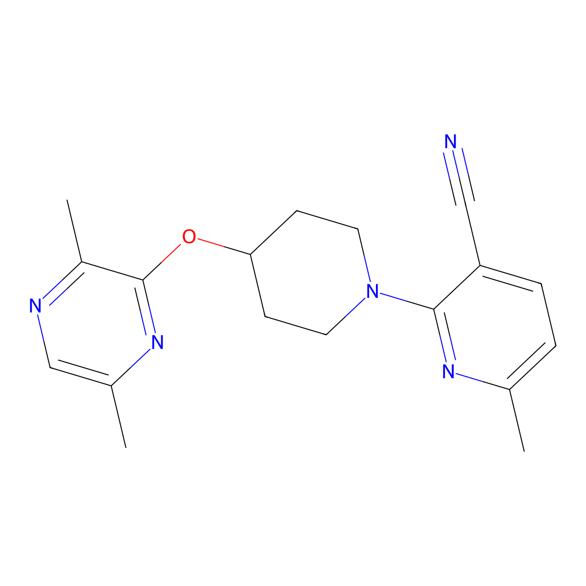 2-{4-[(3,6-Dimethylpyrazin-2-yl)oxy]piperidin-1-yl}-6-methylpyridine-3-carbonitrile molecular structure, CAS 2742041-23-0
