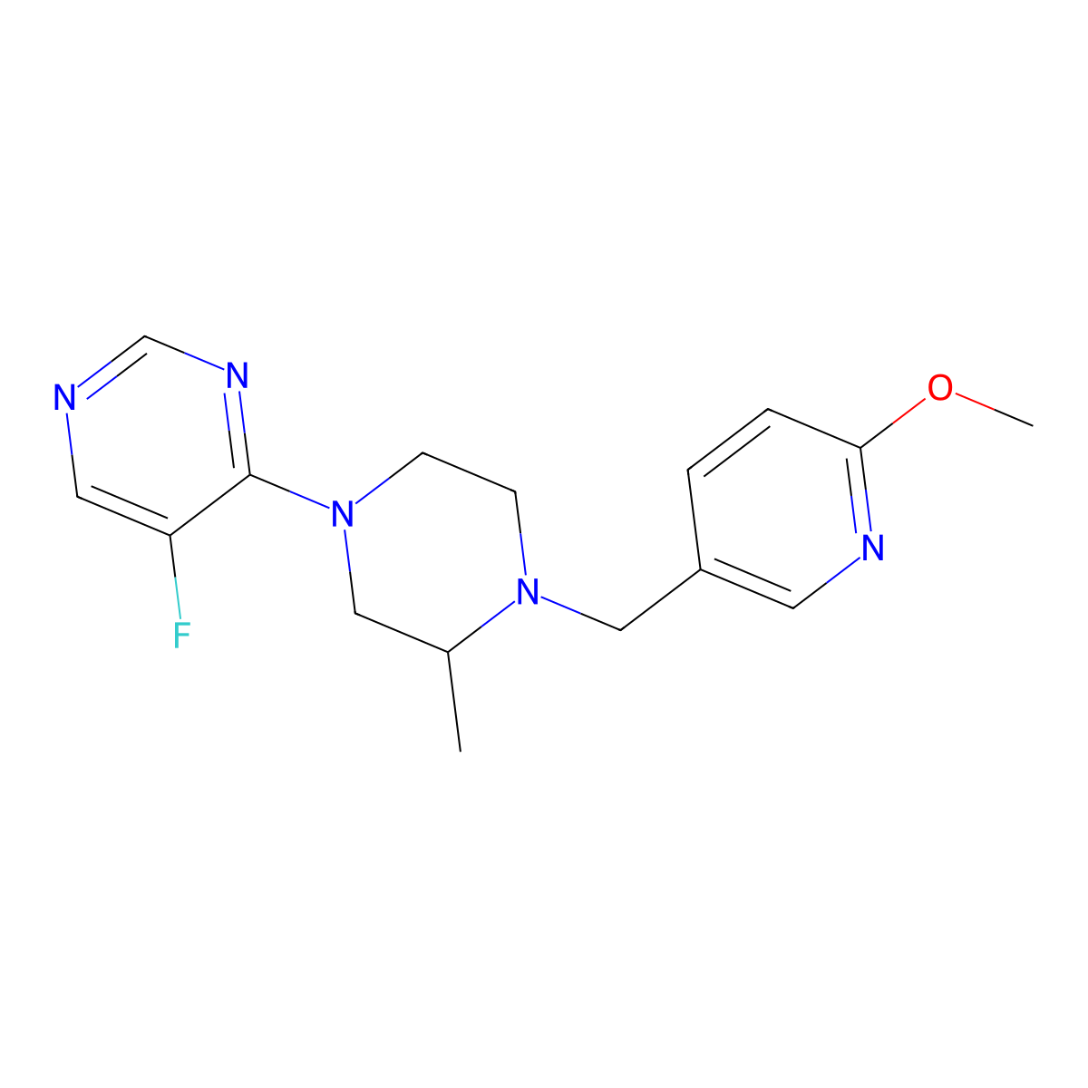5-Fluoro-4-{4-[(6-methoxypyridin-3-yl)methyl]-3-methylpiperazin-1-yl}pyrimidine molecular structure, CAS 2742041-25-2