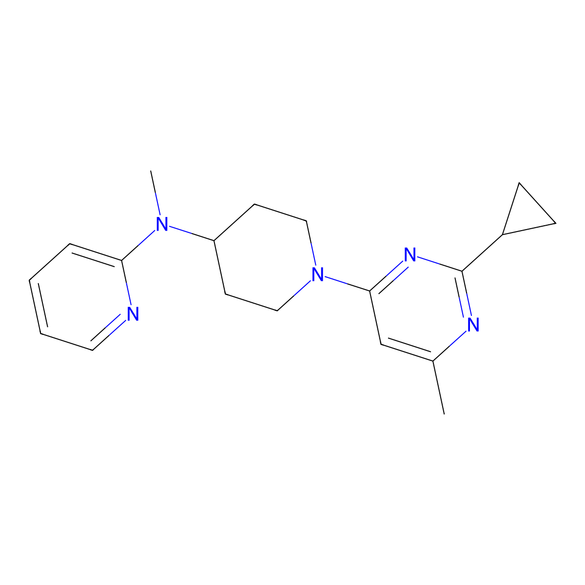 N-[1-(2-cyclopropyl-6-methylpyrimidin-4-yl)piperidin-4-yl]-N-methylpyridin-2-amine molecular structure, CAS 2742041-30-9