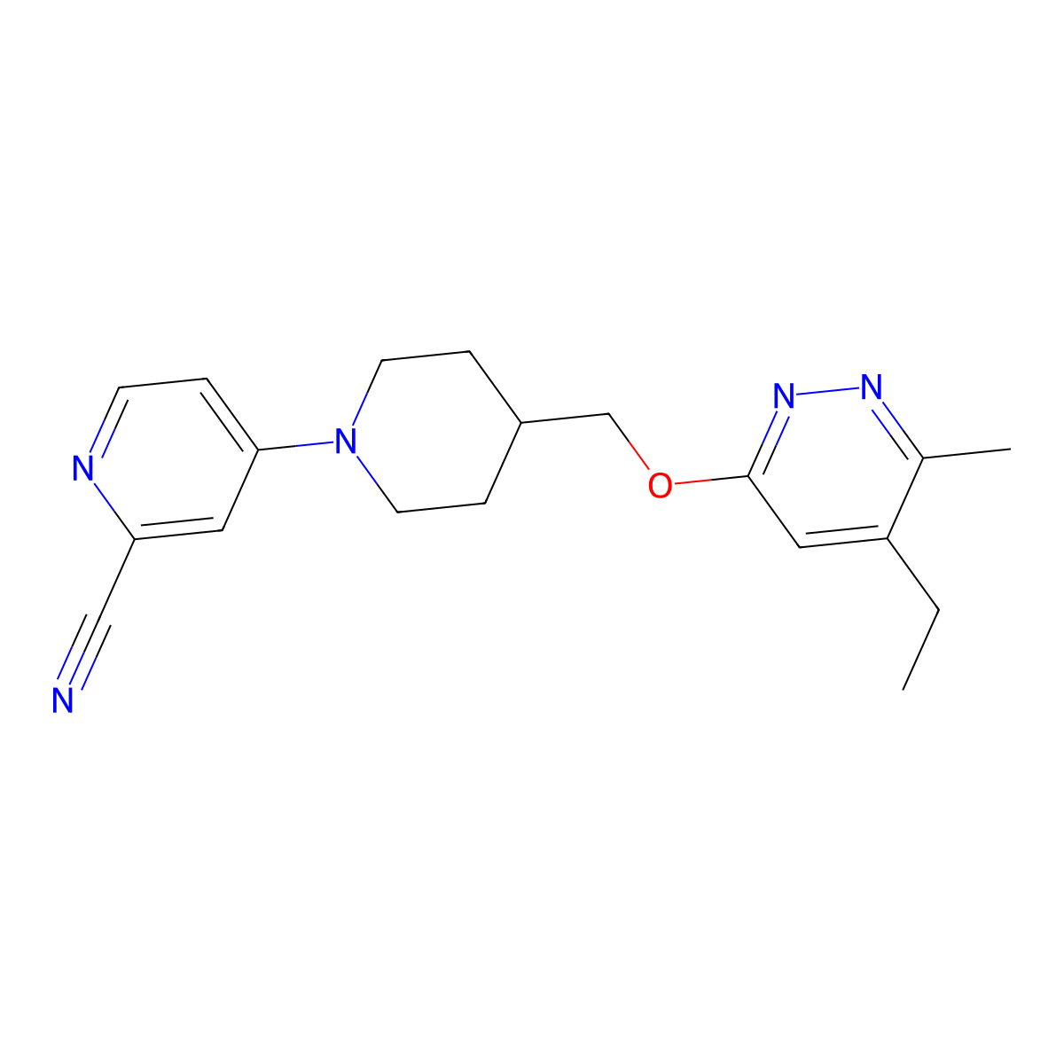 4-(4-{[(5-Ethyl-6-methylpyridazin-3-yl)oxy]methyl}piperidin-1-yl)pyridine-2-carbonitrile molecular structure, CAS 2742041-32-1